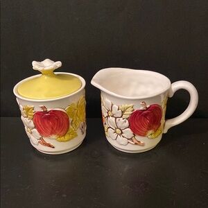 VTG Lefton Ceramic Apple Flowers Embossed Creamer & Sugar Bowls
